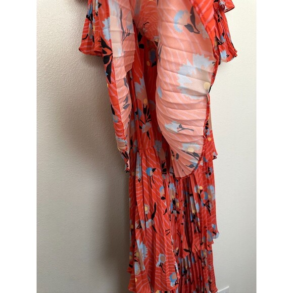 Self-Portrait Off Shoulder Pleated Ruffle Floral Tropical Midi Dress Orange Sz 0 - Picture 6 of 12